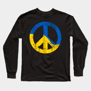 Retro Ukraine Peace Sign with Ukraine Flag Overlay Distressed Long Sleeve T-Shirt